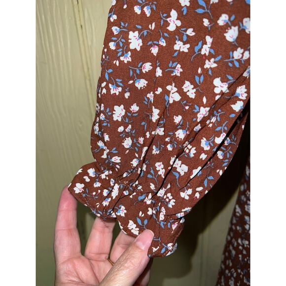 Boho Babydoll Size Large Mini DRESS Smocked Brown Blue Floral Square Neck NEW - Picture 6 of 11